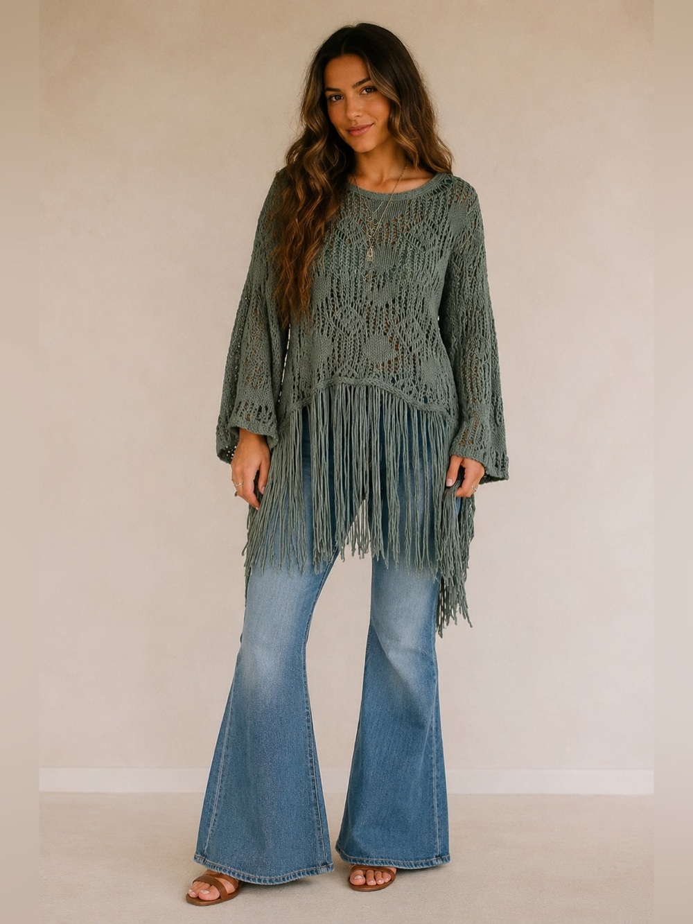 Easel Crochet Fringe Sweater Olive Green Boho Festival 70s Cottagecore S/M